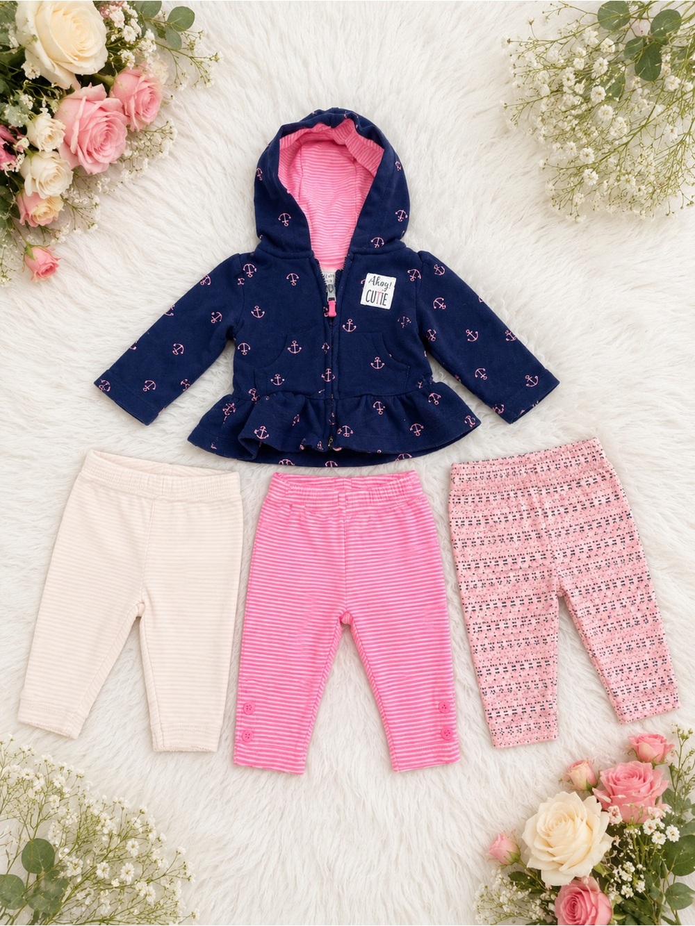 Carter's Navy Anchor Hoodie with Pink & Cream Pants Set
